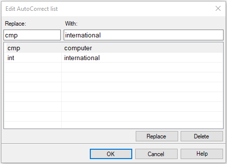 Edit AutoCorrect list window with list of words and Replace button visible.