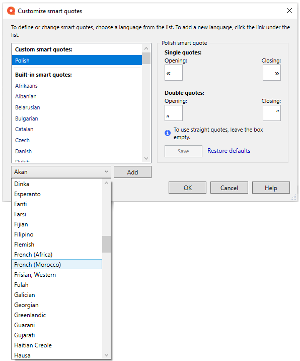 Customize smart quotes window with a list of languages on the left, smart quote examples (single and double quotes) on the right, and a dropdown list with additional available languages with no built-in quotes. OK, Cancel, and Help buttons are in the bottom right corner.