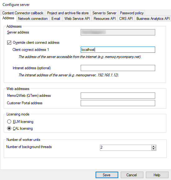 server and web addresses configuration window