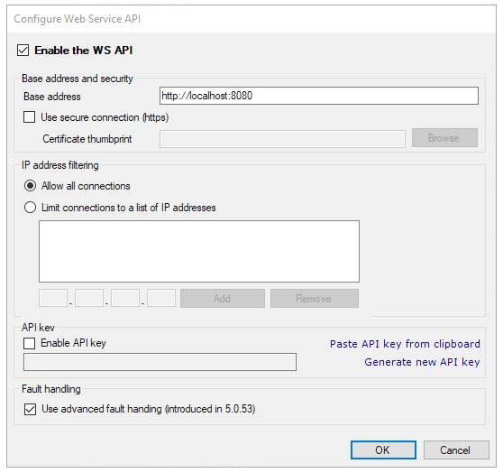 API key and base address configuration, and IP filtering window for Web Service API