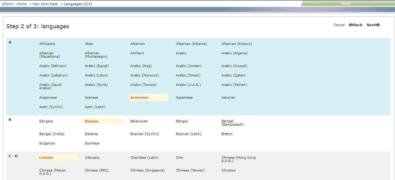 Languages page of Qterm's New term base wizard showing the alphabetical list of available languages. In the top-right corner, there are Cancel, Back, and Next buttons.