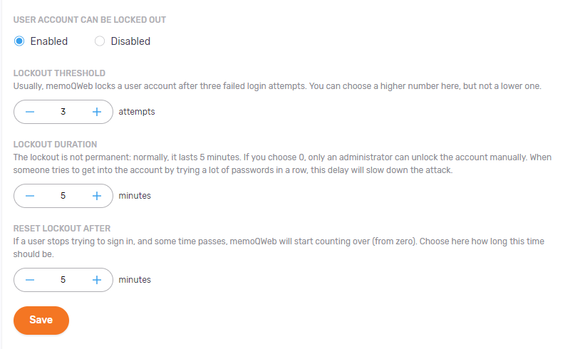 Lockout section showing available options - lockout threshold, lockout duration, and reset lockout after. At the bottom, there is the Save button.