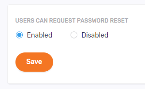 Section allowing users to reset their own password showing Enabled and Disabled radio buttons and Save button under them.