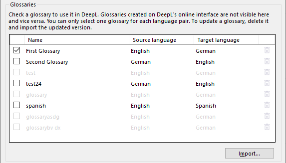 Glossaries part of DeepL plugin window showing glossaries you can use when translating with the DeepL plugin.