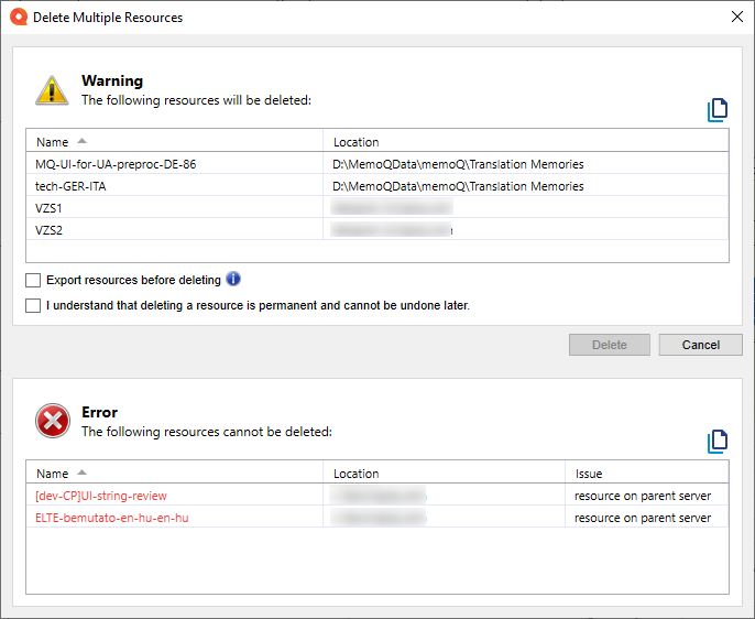 Delete multiple resources window showing possible warnings and wrrors.