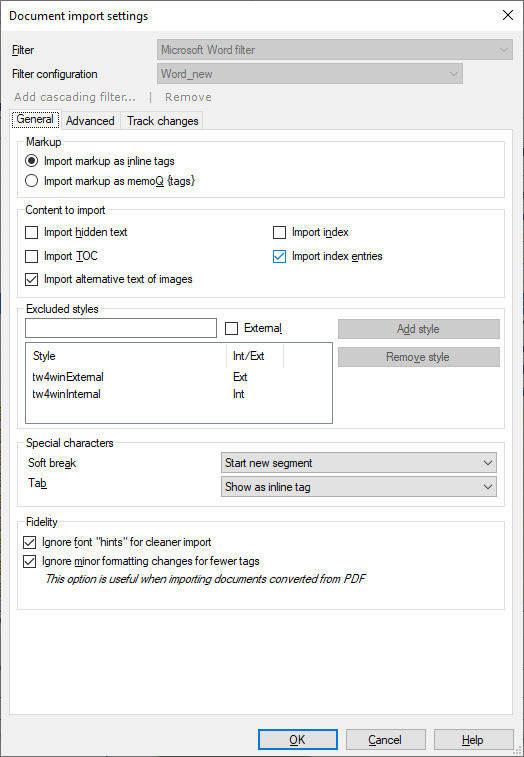 General tab showing markup, content to import, excluded styles, and fidelity options.
