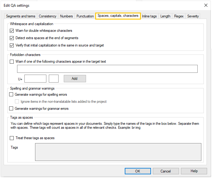 Tab showing whitespace and capitalization, forbidden characters, spelling and grammar warnings, and tags as spaces options.