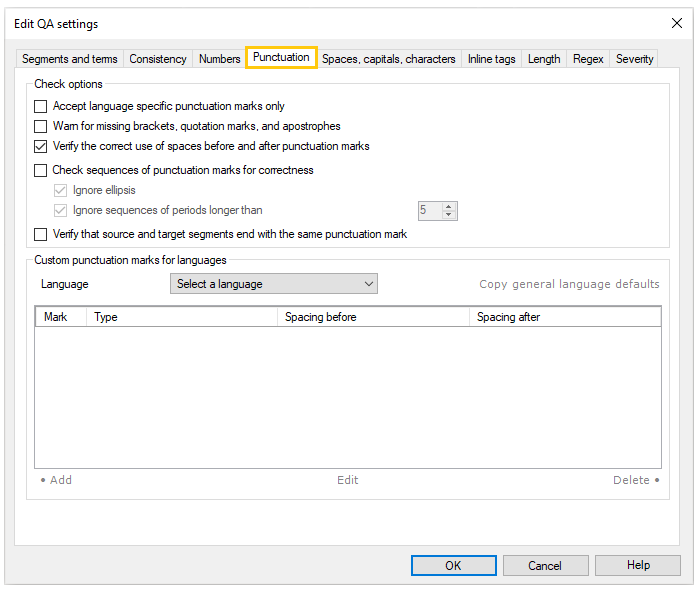 Tab showing punctuation verification options and custom punctuation marks for different languages.