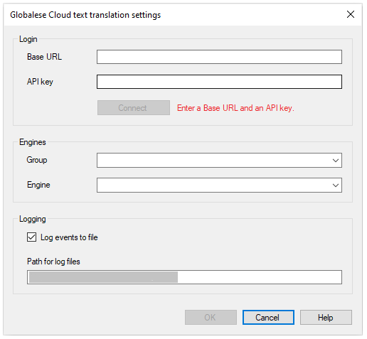 Globalese Could text translation settings window ready to be activated via base URL and API key.