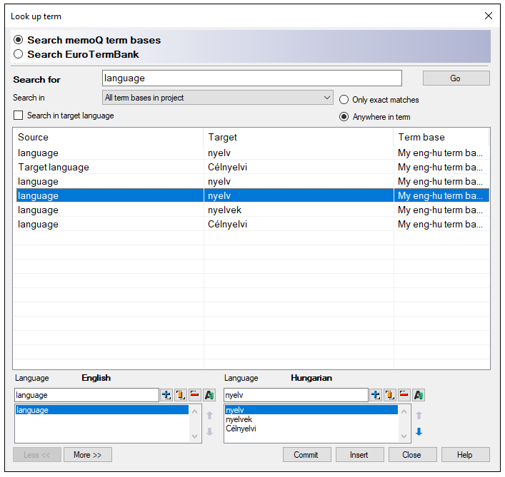 A pop-up tool allowing to look up a selected term in different term bases.