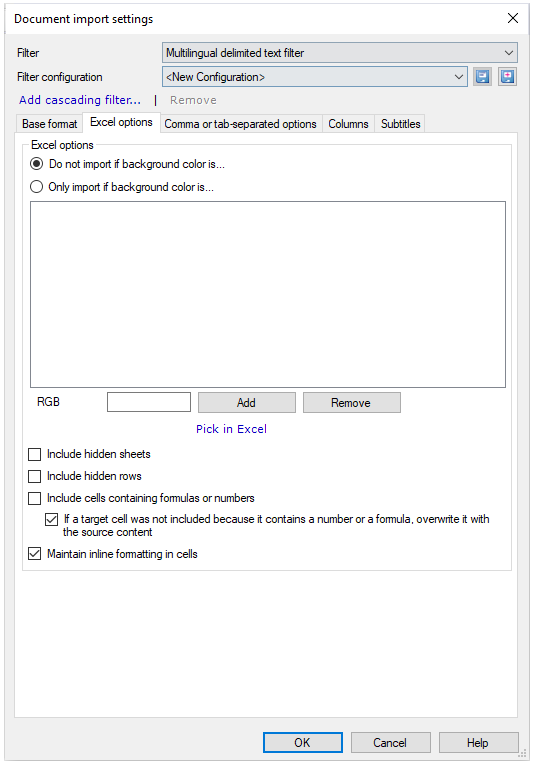 Document import settings window showing filter and filter configuration drop-down lists, add cascading filer link and tabs with Excel format tab open showing Excel options to choose from: Do not import if background color is, only import if background color is, RGB field (with Add and Remove buttons next to it, and Pick in Excel link under them), Include hidden sheets, Include hidden rows, Include cells containing formulas or numbers check boxes that are not checked, and If a target cell was not included because it contains a number of formula, overwrite it with the source content, and Maintain inline formatting in cells checked check boxes. OK, Cancel, and Help buttons are in the bottom right corner.