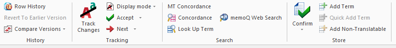 The right side of the translation ribbon showing Tracking options (track changes, display mode, accept, next), Search options (MT concordance, concordance, Look up term, memoQ web search), and Store options (add term, quick add term, add non-translatable).