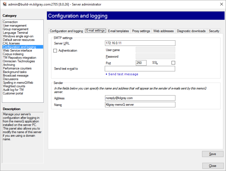 Server administrator window showing the email settings tab open.