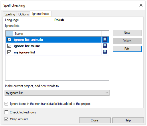 Tab showing lists to ignore, lists to add new words, and checking options.