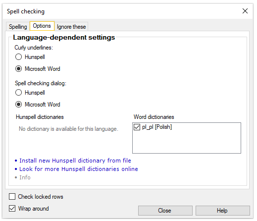 Tab showing spell checking underlines and dictionaries options. 
