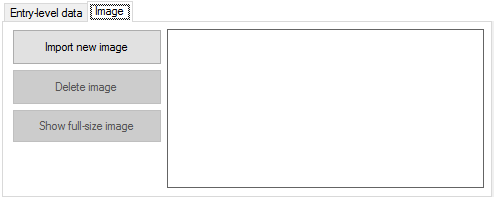 用語ベースエントリの作成ウィンドウの画像タブには、左側に新規画像のインポート、画像の削除、フルサイズ画像の表示ボタン、右側に空欄が表示されます。