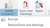 品質保証ボタンのドロップダウンメニューで利用可能なオプションが表示されています：QAの実行、エラーと警告を解決。