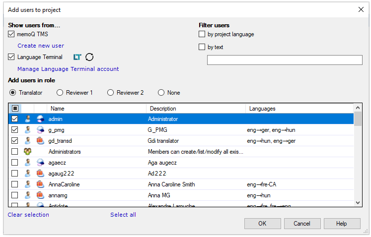 Add users to project window showing available options: Show users from..., Filter users by, Add users in role (Translator, Reviewer 1, Reviewer 2, None). Below the users' list, there are Clear selection and Select all links. In the right-bottom corner, there are OK, Cancel, and Help buttons.