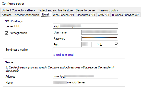 server and notifications email configuration widnow