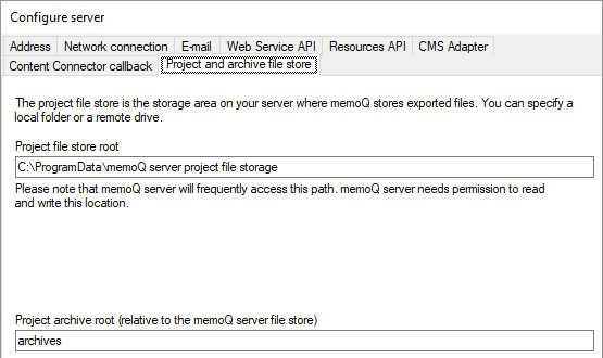 Server configuration window with project file store root and project archive root visible