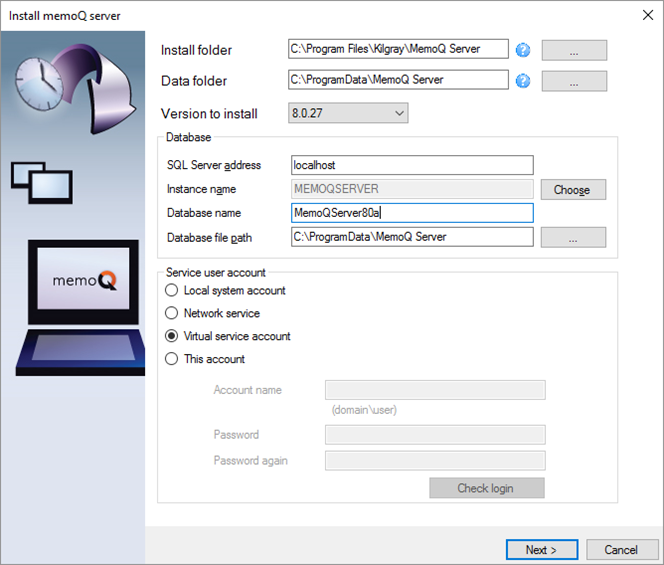 server installation starting window with folder, database, and user account selection