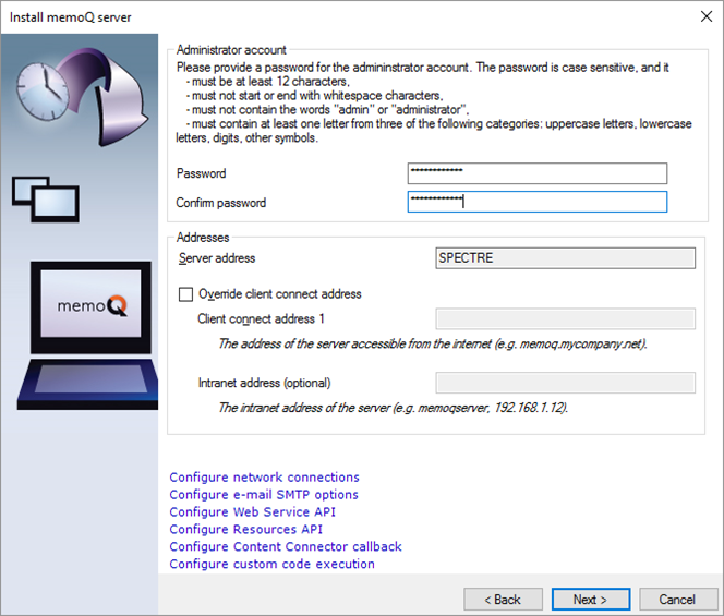 server installation window with administrator account password, server address, and advanced options selection