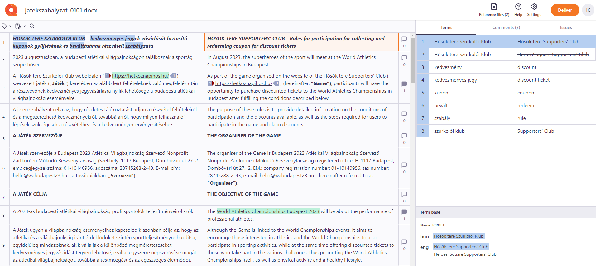 In-country review main window in reviewers view showing all the available functions and Terms tab open next to the translation editor.