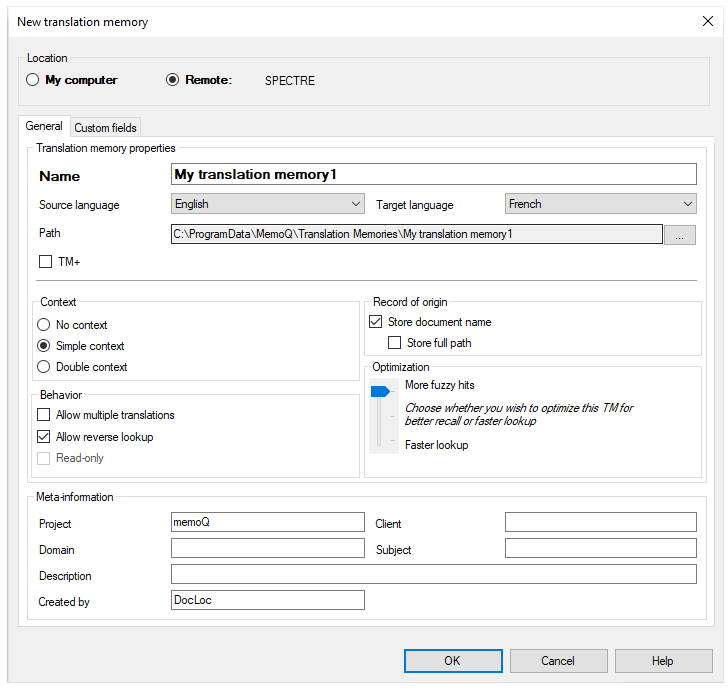 Fenster "Neues Translation Memory", wenn der memoQ-Server ausgewählt ist, mit geöffneter Registerkarte "Speicherort" und "Allgemein" mit allen Optionen: Translation-Memory-Eigenschaften, Inhalt, Ursprünglicher Datensatz, Verhalten, Optimierung und Meta-Informationen. Unten sind drei Schaltflächen: OK, Abbrechen und Hilfe.