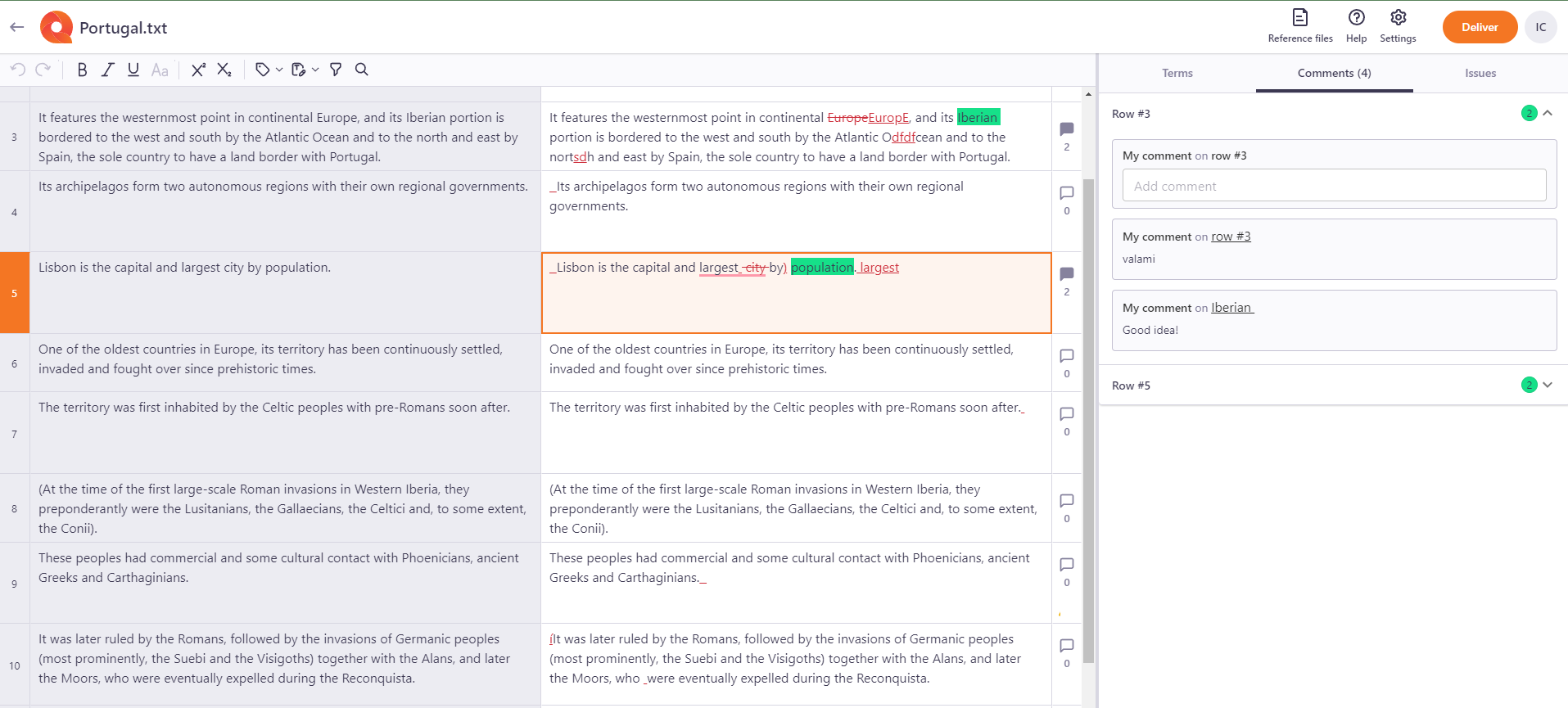 In-country review main window in reviewers view showing all the available functions and Terms tab open next to the translation editor.