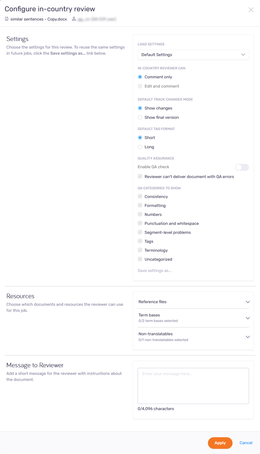 Configure in-country review window showing three sections - Settings, Resources, and Message a reviewer with all their possible options. In the bottom right corner, there are two buttons: Apply and Cancel.