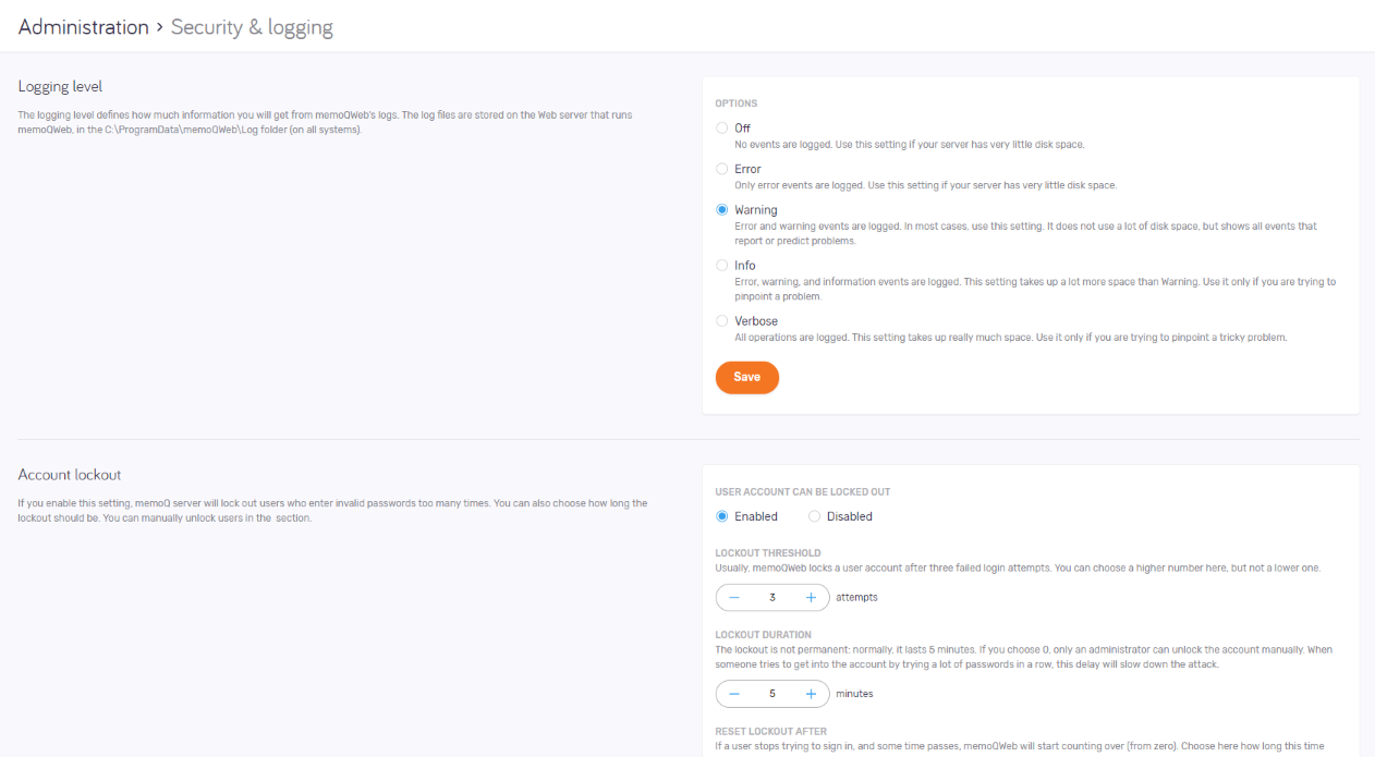 Security and logging window showing Logging level and account Lockout sections with available options.