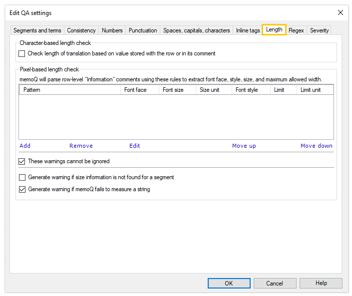 Tab showing character base length check and warnings related options. 