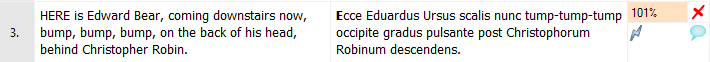 A row from the translation editor showing the source language and target language. On the right side of the target language, there is a match rate, a grey lightning bolt warning icon, an exclamation mark error icon, an "x" icon for not confirmed translation, and a comment bubble icon.