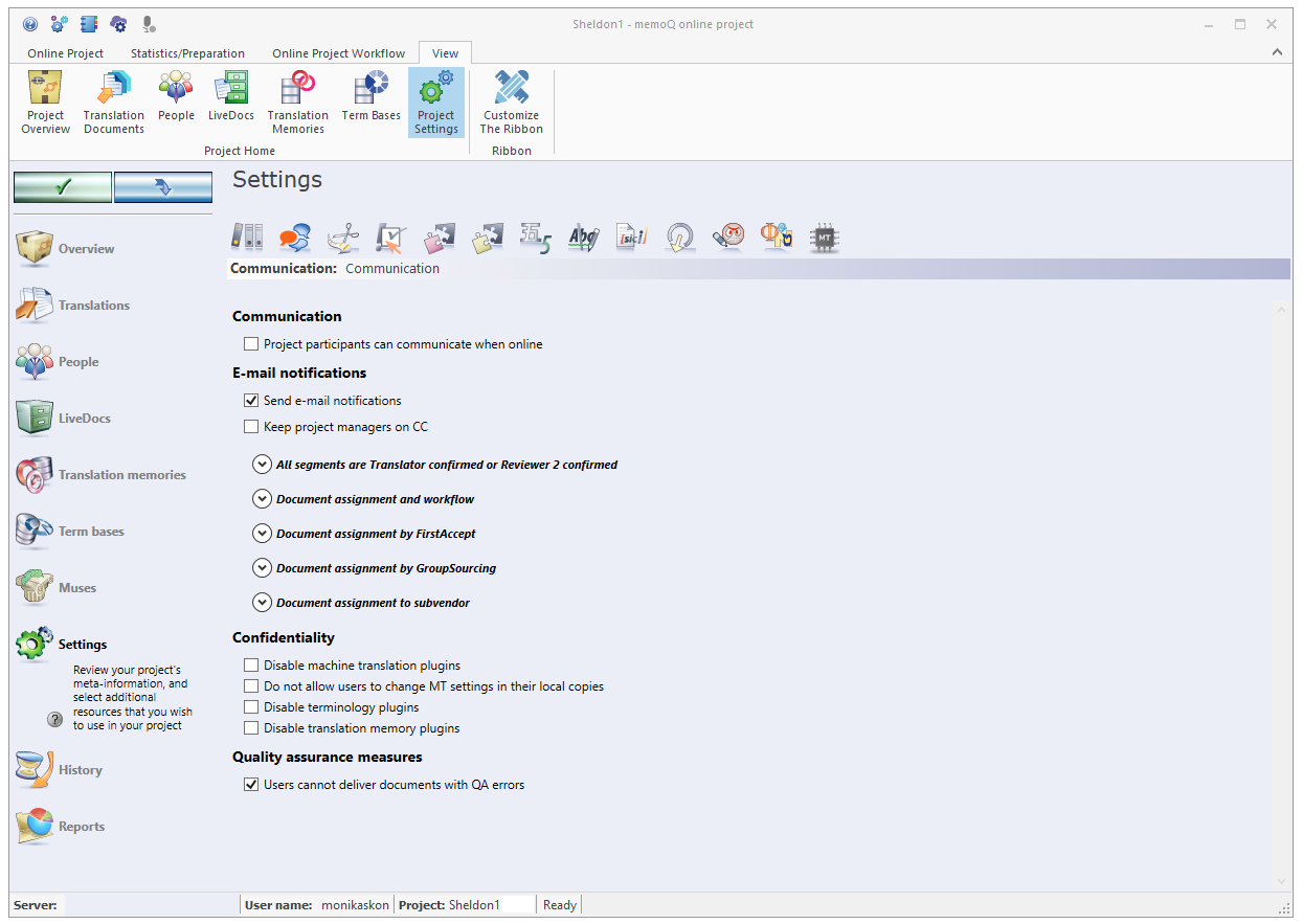 Settings pane showing the Communications tab open with the Email notifications, Confidentiality, and Quality assurance measures options available to choose from.