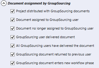 Part of the Emails notifications section of the Communication tab. The section is called Document assignment by GroupSourcing. Below there are seven checkboxes to choose from: 1. Project distributed with GroupSourcing documents, 2. Document assigned to GroupSourcing user, 3. Document no longer assigned to GroupSourcing user, 4. GroupSourcing user delivered document, 5. All GroupSourcing users have delivered the document, 6. GroupSourcing document returned to previous user, 7. GroupSourcing document enters new workflow phase.