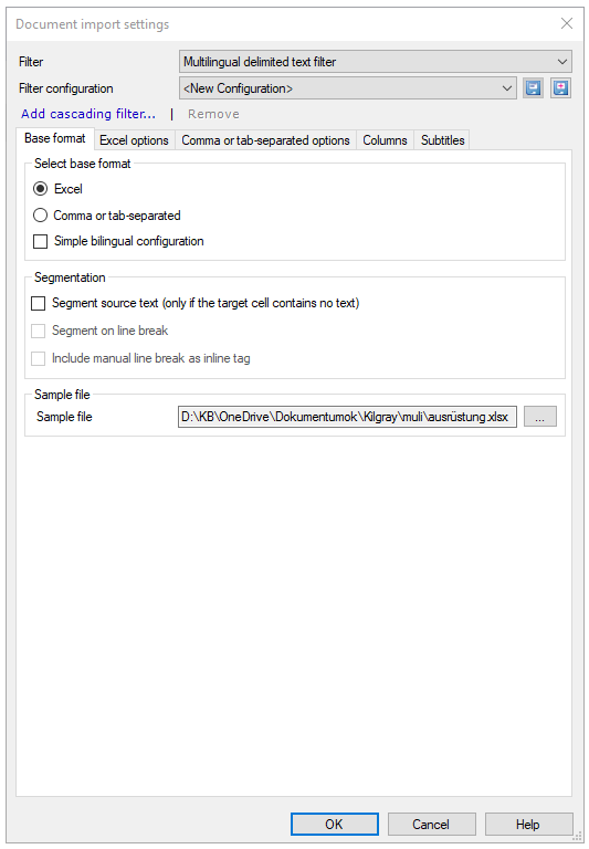 Document import settings window showing Filter and Filter configuration drop-down lists, Add cascading filter link and tabs with Base format tab open, showing options to choose from: Select base format: Excel, Comma or tab-separated or Simple bilingual configuration, and Segmentation options: Segment source text only if the target cell contains no text, and a sample file. OK, Cancel, and Help buttons are in the bottom right corner.