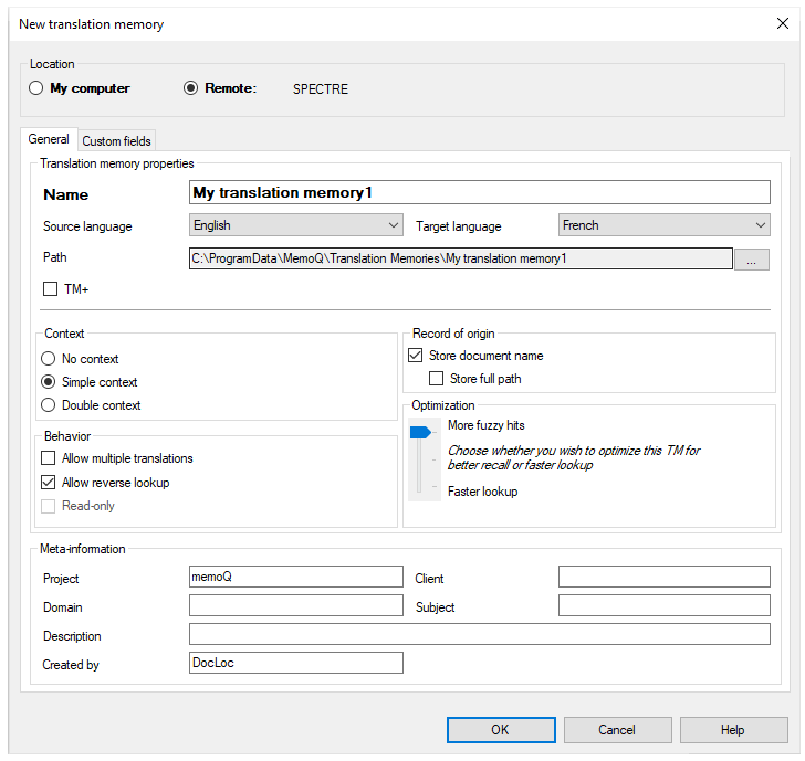 New translation memory window when the memoQ server is selected showing the Location and General tab open with all its options: Translation memory properties, content, record of origin, behavior, optimization, and meta-information. At the bottom are three buttons: OK, Cancel, and Help.