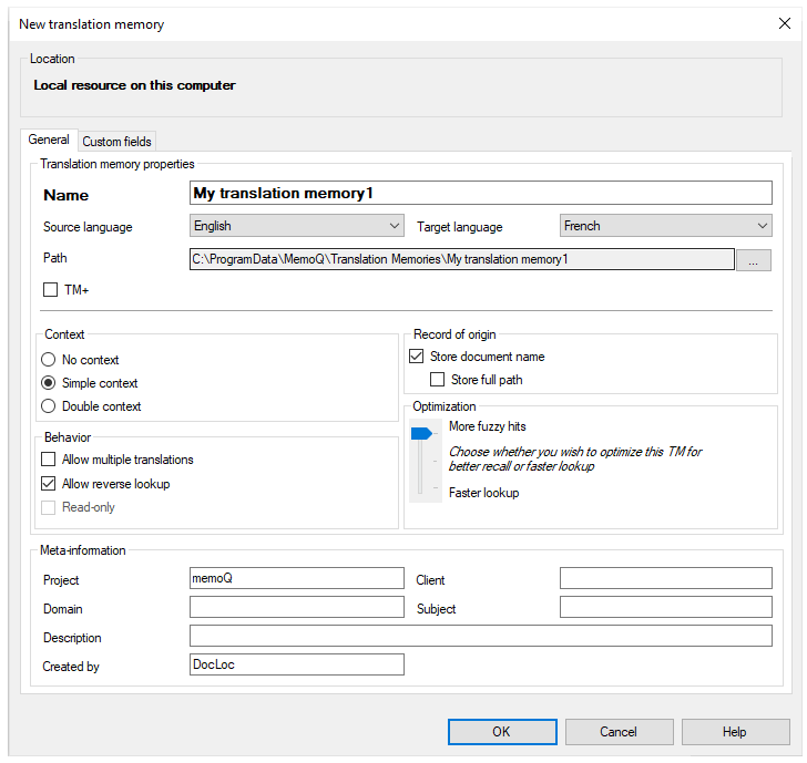 New translation memory window showing the Location and General tab open with all its options: Translation memory properties, content, record of origin, behavior, optimization, and meta-information. At the bottom are three buttons: OK, Cancel, and Help.