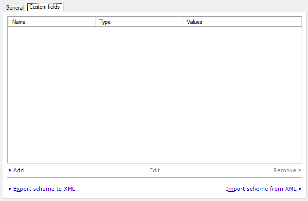 New translation memory window showing the Custom fields tab open with space for a list of translation memories, as well as Add, Export scheme to XML, Edit, Remove, Import scheme from XML links.