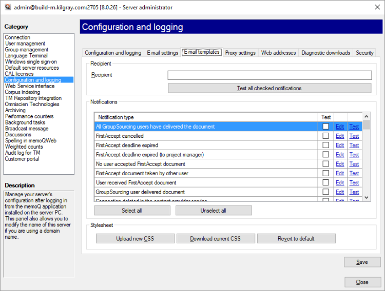 Server administrator window showing the email templates tab open.