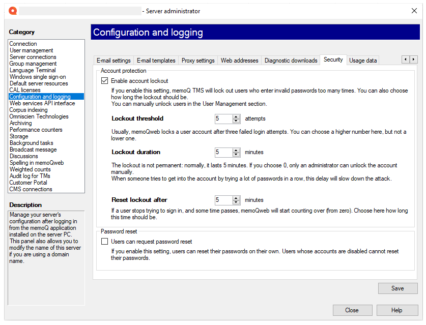 Server administrator window showing the security tab open.