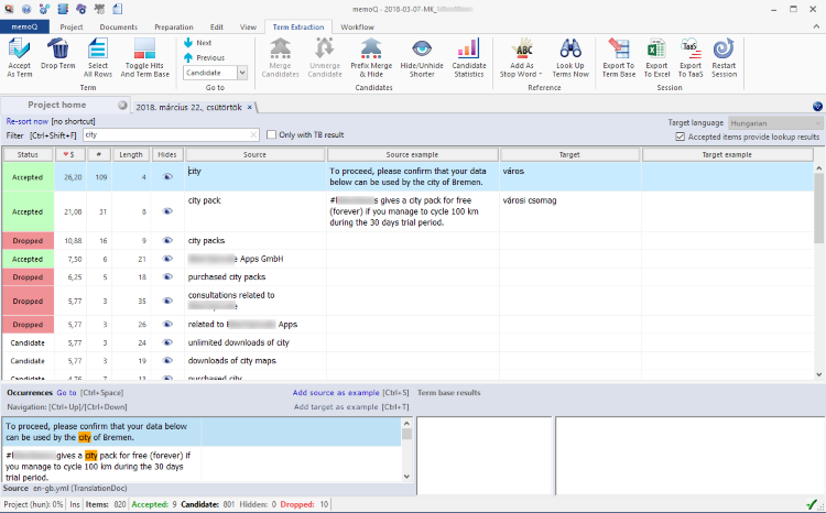 Window showing the grid with an open project and term extraction editor activated and visible at the bottom of the page.