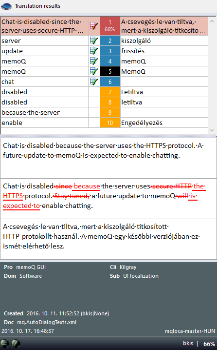 Translation results pane showing results gathered from several local and online translation resources, including translation memories, LiveDocs corpora, term bases, fragment searching, auto-translation rules, and sub-segment matching. At the bottom of the pane, there is meta-information about the project, the time of its modification, the person who last modified it, language, and percentage match.