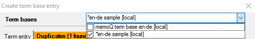 The term base entry field allowing users to choose a different term base, or save the entry to several or all the term bases.