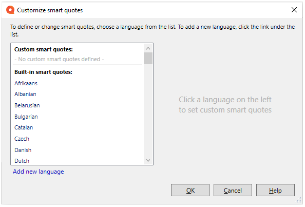 Customize smart quotes window with the list of available languages visible on the left. The list is divided between custom smart quotes at the top and built-in smart quotes beneath and Add new language link. OK, Cancel, and Help buttons are visible in the bottom-right corner.