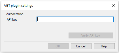 AGT plugin settings widnow with API key field to add your key, and Verify API key button below. In the bottom right corner of the screen there are OK, Cancel, and Help buttons.