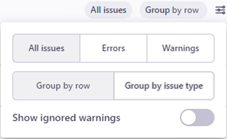 The Group by section showing selected grouping options next to the view options icon. Below, in the first row, there are All issues, Errors, and Wanings buttons. In the second row, there are Group by row, and Group by issue type options. At the bottom, there is the Show ignored warnings toggle button.