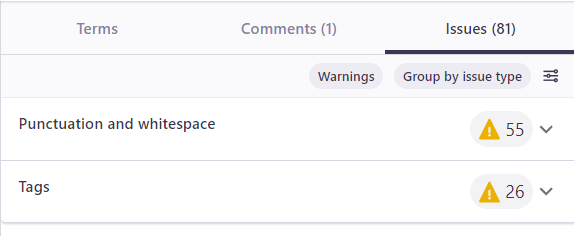 The Issues tab only warnings grouped by issue type. Below the main categories, there are two dropdowns - Punctuation (showing 55 warnings) and Tags (showing 26 warnings).