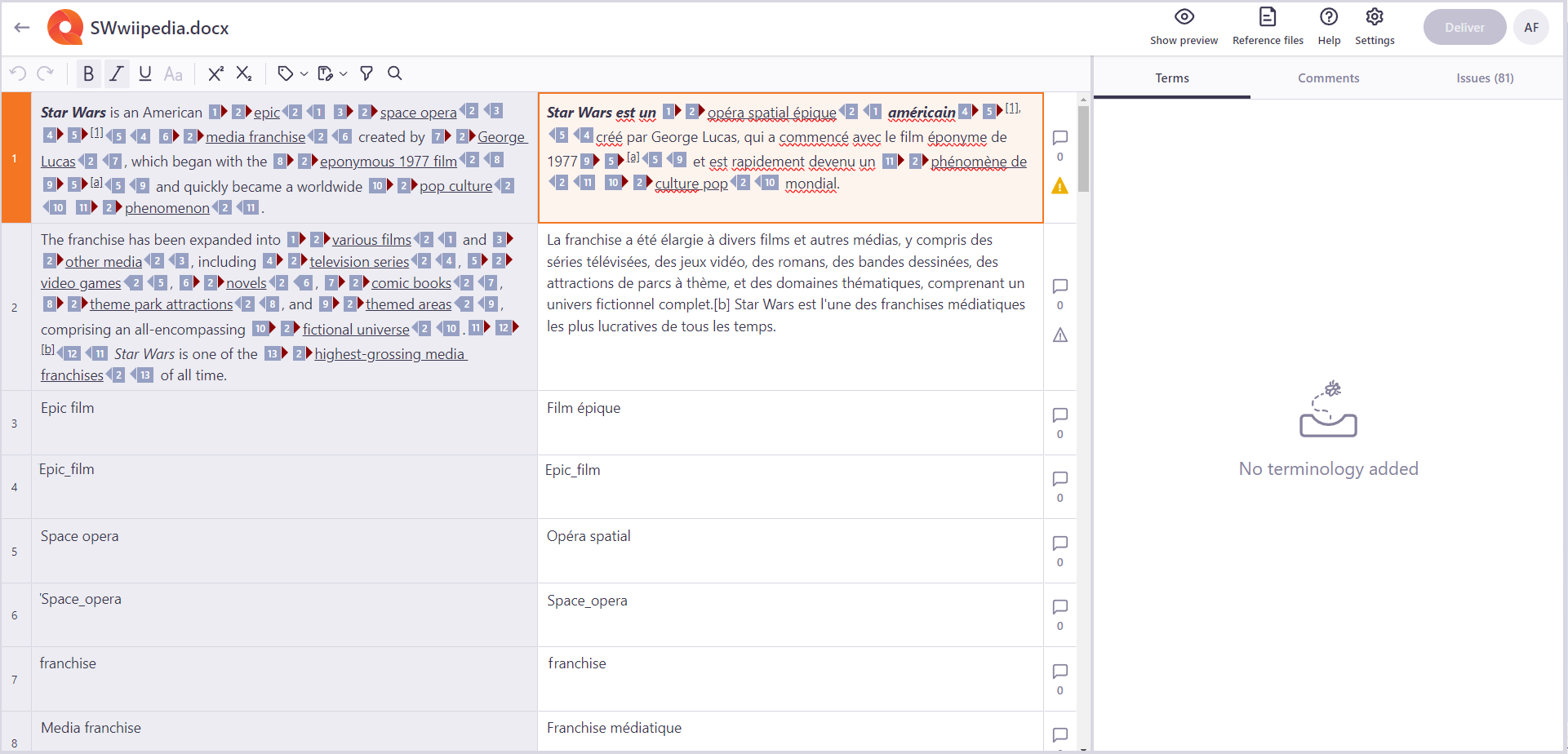 In-country review main window in reviewers view showing all the available functions and Terms tab open next to the translation editor.