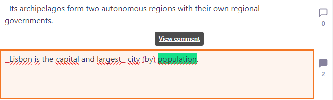 A part of the translation editor showing highlighted word with the view comment option above it.